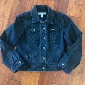 Chico's platinum Denim Slate Black cropped Jacket  Size 1 silver jewel buttons